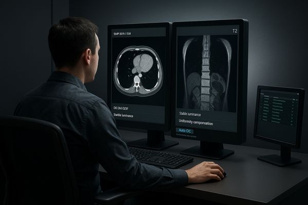 A dual-head 3MP medical display setup showing CT scans of the abdomen in a dimly lit radiology reading room