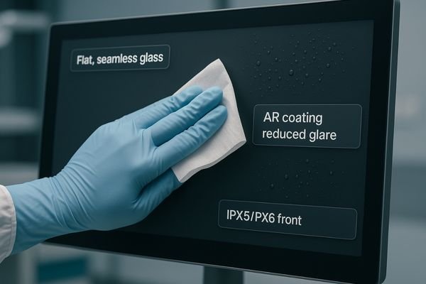 A gloved hand easily wiping down the flat, seamless front of a surgical monitor.