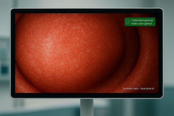 A close-up of an endoscopic image on a medical monitor, showing fine mucosal detail and accurate red tones.