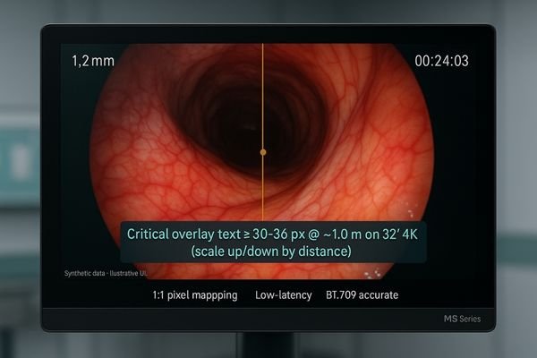 A close-up of a surgical monitor displaying an endoscopic feed with clear UI overlays.