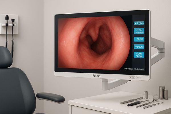 A medical display in an ENT examination room showing a clear image from an endoscope.