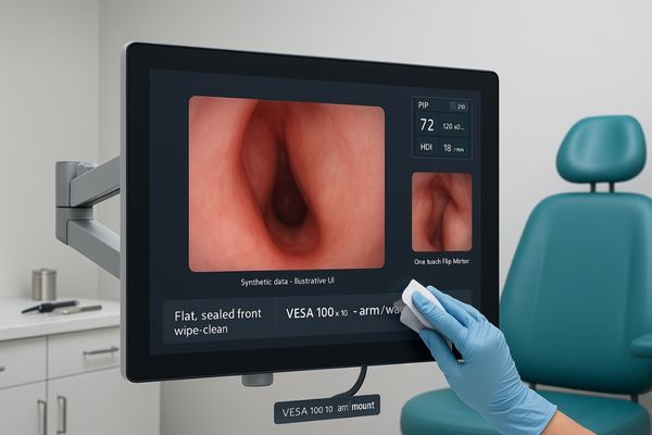 A medical display mounted on an articulating VESA arm in a clean, compact ENT examination room.