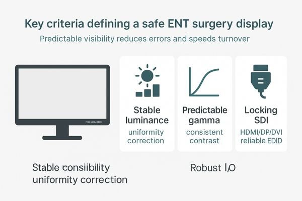 An illustration showing icons for stable luminance, consistent gamma, and robust connectors on an ENT surgery display.