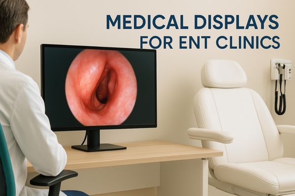 ENT specialist viewing a medical-grade display showing an endoscopic nasal cavity image in a bright examination room.