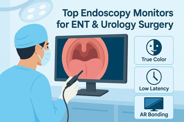 A flat-style digital illustration showing a surgeon performing ENT or urology surgery using a medical-grade endoscopy monitor with anti-reflection glass, optical bonding, and true color display for accurate tissue visualization.