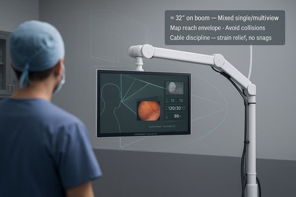 A 32-inch monitor on a surgical boom arm, showing clean cable routing and a defined parking position.