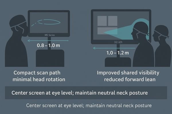 A diagram illustrating comfortable head posture and eye movement with a properly sized monitor.