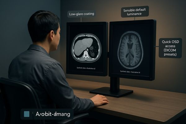 An ergonomic setup with a radiologist comfortably viewing a dual-head 3MP monitor setup in portrait orientation.