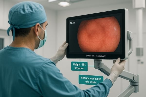 A surgeon easily adjusting the tilt and rotation of an endoscopy monitor mounted on an articulating arm.
