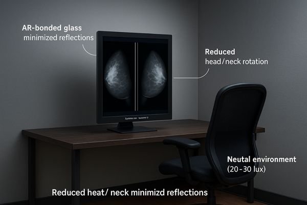 A radiologist comfortably seated at an ergonomic workstation with a glare-free monitor.
