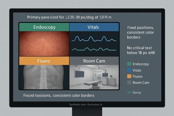A well-designed quad-view layout with color-coded borders and clear, persistent labels for each video pane.