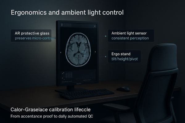 A radiologist working comfortably in a well-lit reading room, with no glare on their AR-coated diagnostic monitor.
