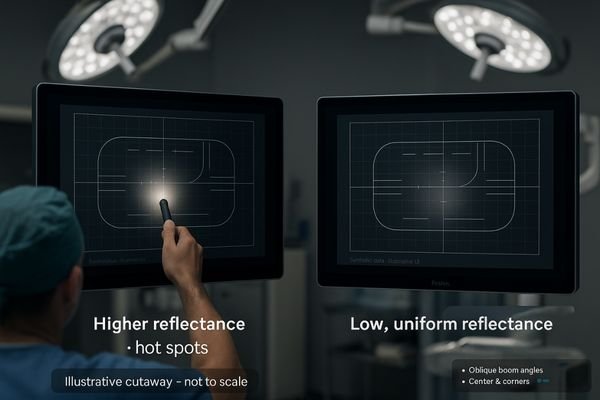 A photo showing a test where a flashlight is shined on two different monitors to compare the intensity and uniformity of the reflection.