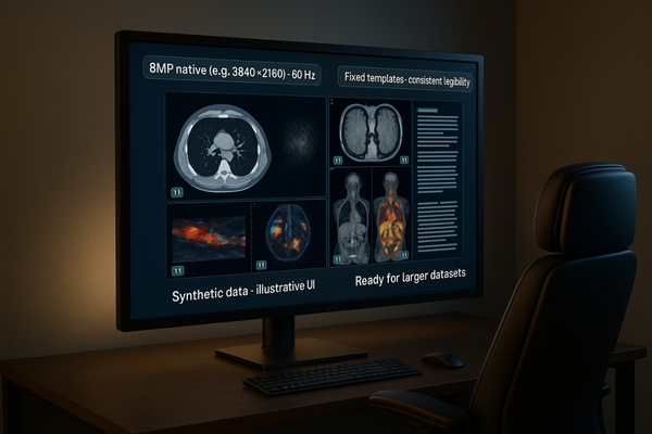 A futuristic radiology reading room showcasing a large 8MP or 12MP diagnostic display as the primary workstation.