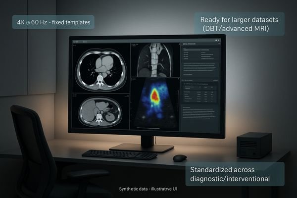 A futuristic reading room setup featuring a large, single 4K medical monitor displaying multiple high-resolution image sets.