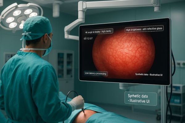 A surgeon performing a gastrointestinal endoscopy procedure while viewing the live feed on a large 4K medical monitor.