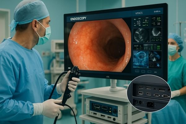 Surgeon performing GI endoscopy while viewing a bright 4K medical monitor with anti-reflection glass, high brightness, and multi-input connectivity in a modern OR