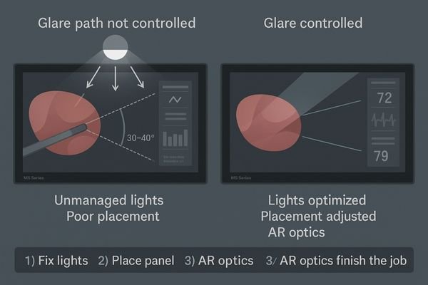 A split image showing a screen with heavy glare versus a screen with an AR-bonded panel that is clear.