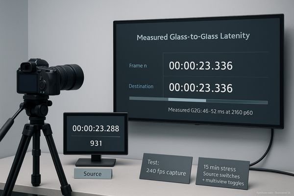 A photo of a test setup with a high-speed camera filming a monitor displaying a timecode.