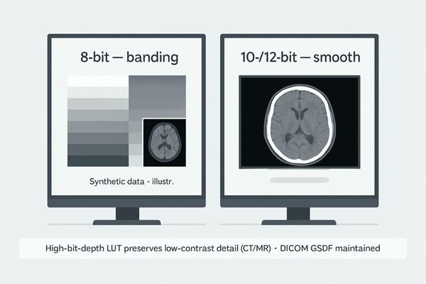 A comparison image showing a smooth grayscale ramp on a 10-bit display versus a 