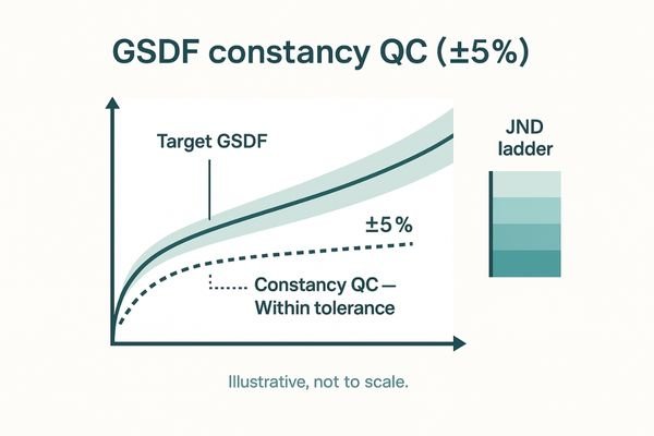 An infographic showing a perfectly uniform DICOM GSDF curve with tight JND steps, labeled 