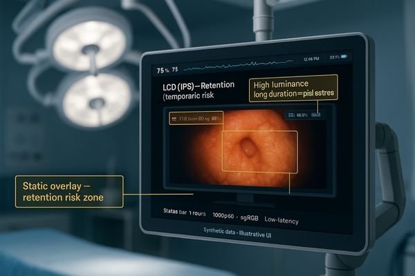 An OR monitor displaying a bright image with static UI elements for patient vitals, leading to retention risk.