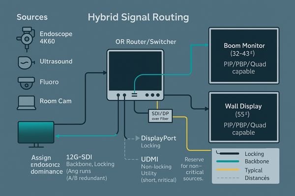 A diagram showing a hybrid routing scheme with SDI, DP, and HDMI in an OR.