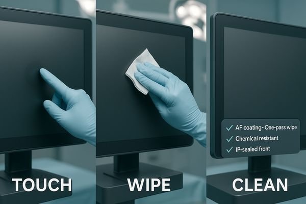 A gloved hand wiping a flat-front surgical monitor clean in a single motion, highlighting its ease of cleaning.