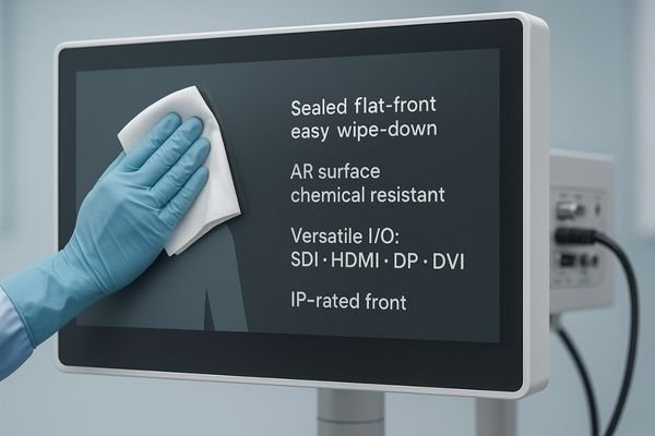 A gloved hand wiping down a sealed, flat-front surgical monitor, highlighting its easy-to-clean surface.