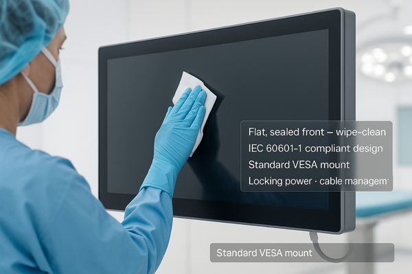 A surgical technician wiping down the flat, sealed front glass of a wall-mounted surgical display.