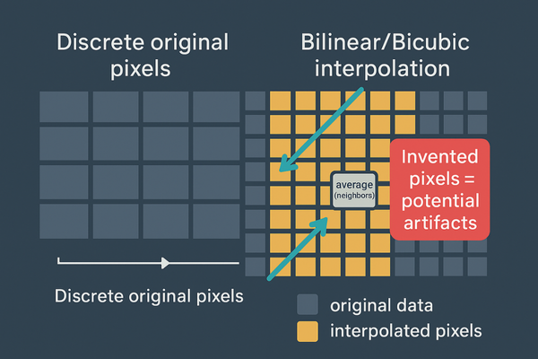 An extreme close-up showing pixel interpolation, with new, averaged pixels being created between original data points.