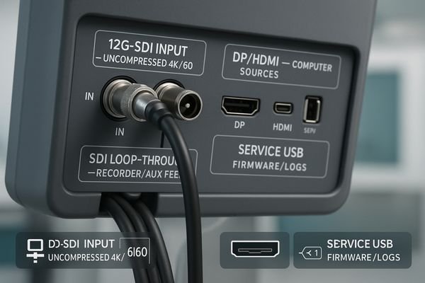 The back panel of a surgical monitor showing a wide array of I/O ports, including 12G-SDI In/Out, DisplayPort, and HDMI.