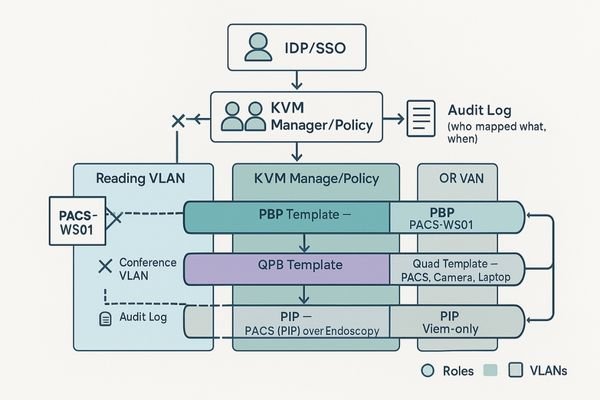 A logical diagram showing how roles, VLANs, and whitelists are used to segment access in a KVM system.