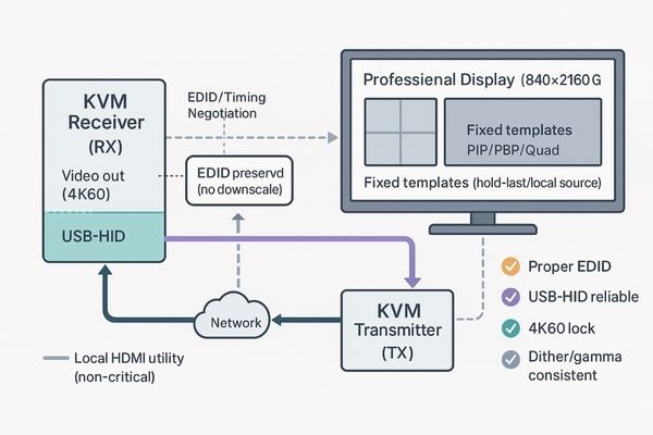 A diagram showing data flow between a KVM receiver and a monitor, highlighting EDID, USB, and video signals.