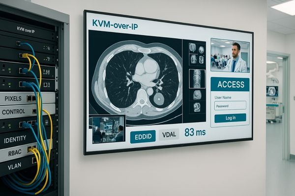 KVM-over-IP architecture linking a secure PACS workstation to conference and OR displays, showing separated streams—Pixels, Control (USB-HID), and Identity—with 4K60 endpoints