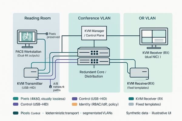 A network diagram showing a KVM-over-IP system connecting PACS workstations to displays in a conference room and OR.