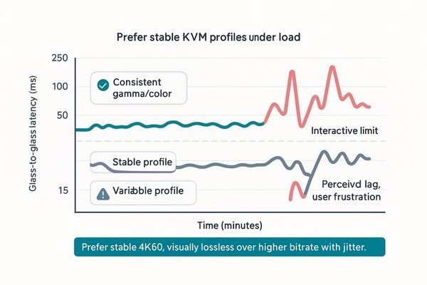 A graph comparing two KVM profiles: one with stable, low latency and another with high, variable latency.