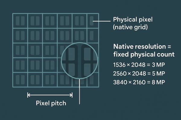 A close-up diagram of an LCD panel, illustrating the physical grid of individual pixels that constitute its native resolution.