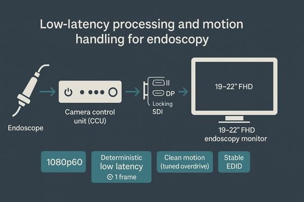 An illustration showing a seamless, low-latency signal path from an endoscope to a surgical monitor.