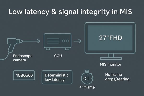An illustration of a seamless signal path from an endoscopic camera to a low-latency surgical monitor.