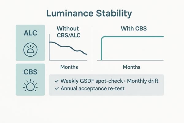 An infographic showing two graphs: one of a monitor's brightness declining over time, and another showing stable brightness thanks to CBS and ALC.
