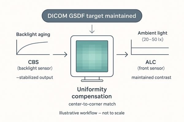 A diagram showing how CBS, ALC, and Uniformity Compensation create a stable and even luminance across the display panel.