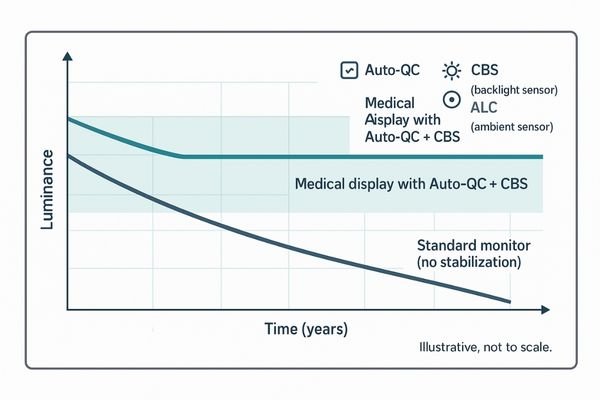 A graph showing a monitor's luminance staying stable over years due to auto-calibration, contrasted with a standard monitor's declining brightness.