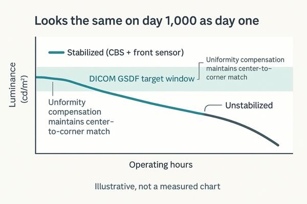A graph showing a monitor's luminance remaining stable over thousands of hours thanks to a built-in sensor and stabilization circuit.