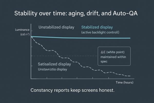 A graph showing the luminance of a standard monitor declining over time versus a stabilized monitor.
