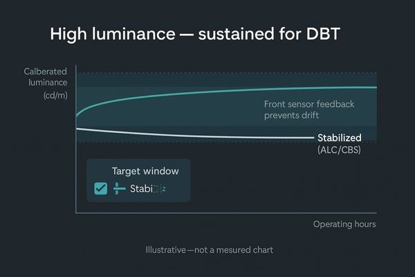 An animation showing a luminance level staying constant over a long timeline, labeled with 
