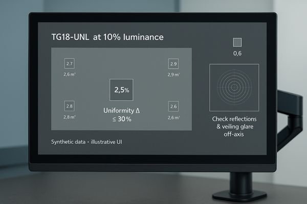 A monitor displaying the TG18-UNL pattern, used to measure luminance uniformity across the screen.