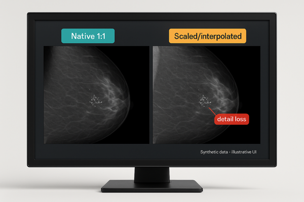 A comparison image showing a clear, native-resolution mammogram versus a scaled, slightly blurred version of the same image.