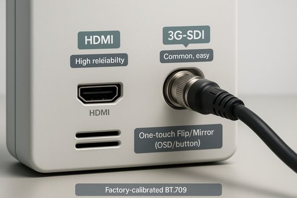 The back panel of a medical display showing both HDMI and 3G-SDI inputs, one with a locking BNC connector.