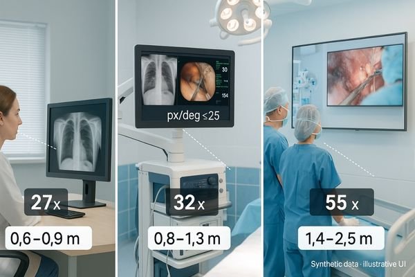Viewing-distance guide for medical displays showing 27″ at 0.6–0.9 m, 32″ at 0.8–1.3 m, and 55″ wall display at 1.4–2.5 m in bright clinical scenes
